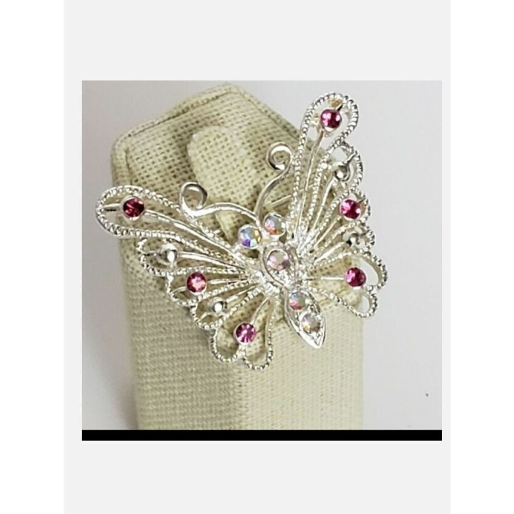 Silver-tone Filigree Butterfly Brooch Pink Crystals
